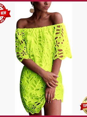 Off Shoulder Floral Lace Mini Dress Fit Flare Short Sleeve Spring Summer